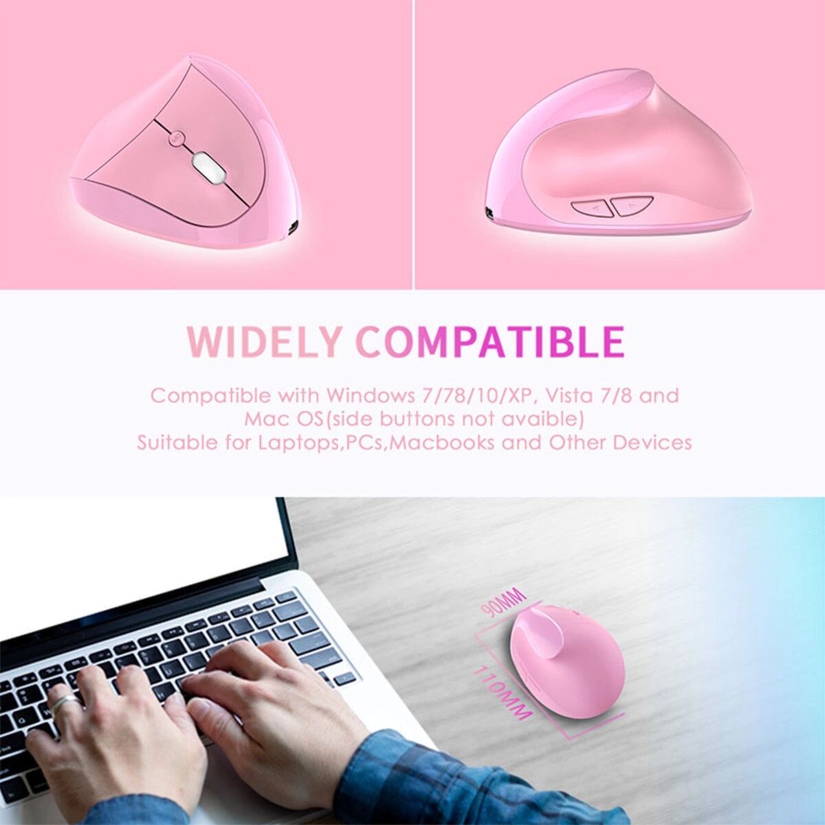 INF Linkshändige vertikale ergonomische Maus - 2,4GHz kabellos, wiederaufladbar 430mAh, 6 Tasten, leise Klicks, 800-3600 DPI, Rosa