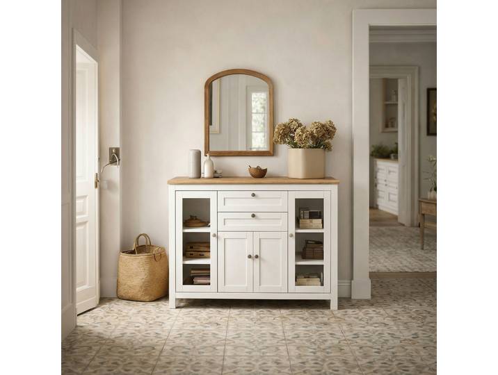 HOMCOM Buffet 2 Portes Vitrées Bois/Blanc Salle à Manger