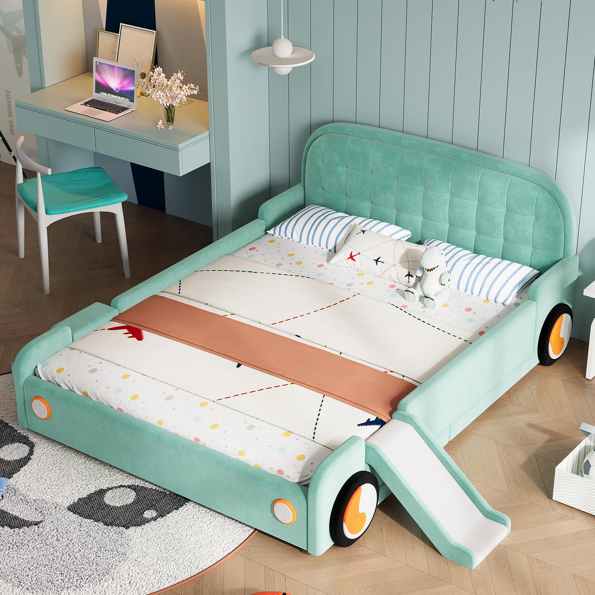 Kinderbett 140x200cm im Auto-Design mit Rutsche und Treppe, Polsterbett in Blaugrün mit weicher Polsterung und erhöhtem Fallschutz für das Kinderzimmer