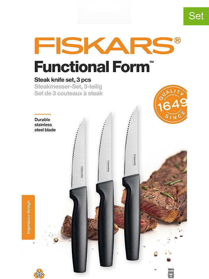 Fiskars 3er-Set: Steak-Messer "Functional Form" in Schwarz/ Silber - onesize