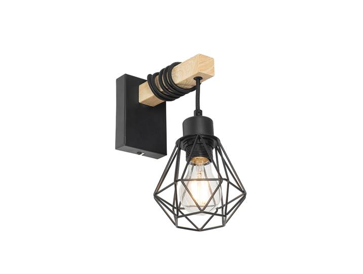 Landelijke wandlamp zwart met hout - Chon