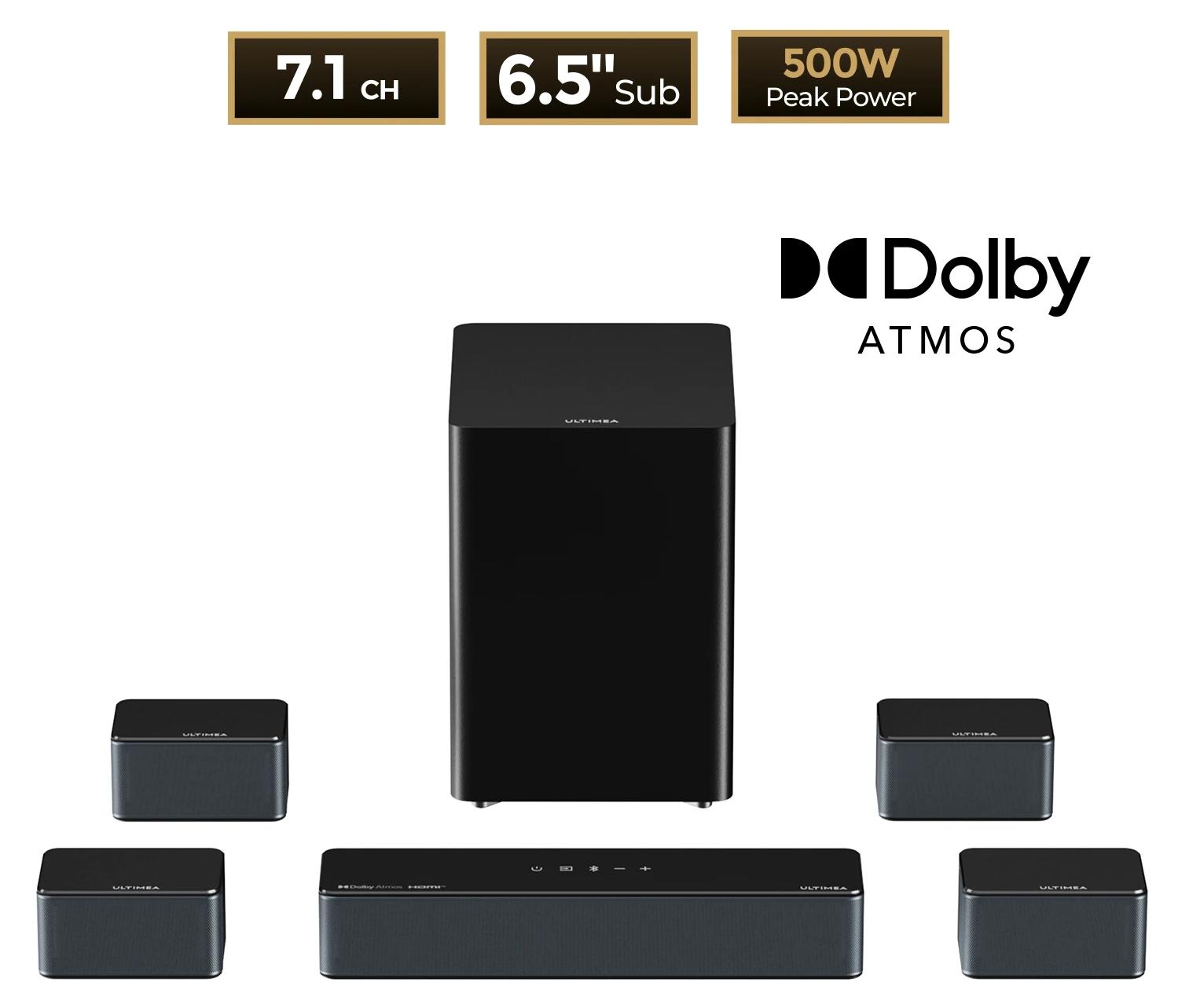 Poseidon D80 7.1 Surround-Soundbar - Dolby Atmos - Kabelloser Subwoofer - 4 Lautsprecher - 500 W - HDMI - Bluetooth 5.3