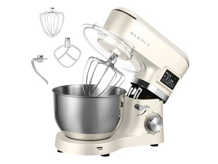 KLAMER Classic Küchenmaschine 1400 W mit 5,5 L Edelstahlschüssel Knetmaschine mit planetarischem Rührwerk verarbeitet schwere Brotteige mühelos, arbeitet gleichmäßig mit Fermentierfunktion