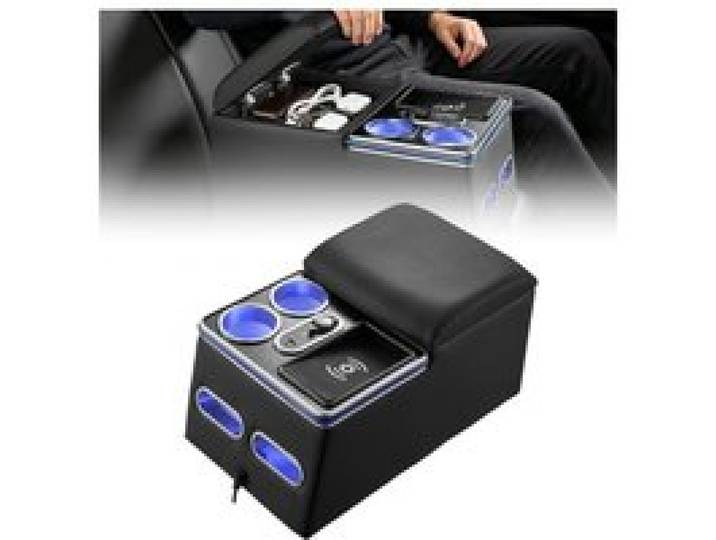VEVOR Console Centrale Universelle Banquette Arrière avec Recharge Sans Fil, Éclairage Ambiance 7 Couleurs, USB et Allume-cigare, Porte-gobelets et Support Téléphone, pour Monospaces, Berlines et SUV