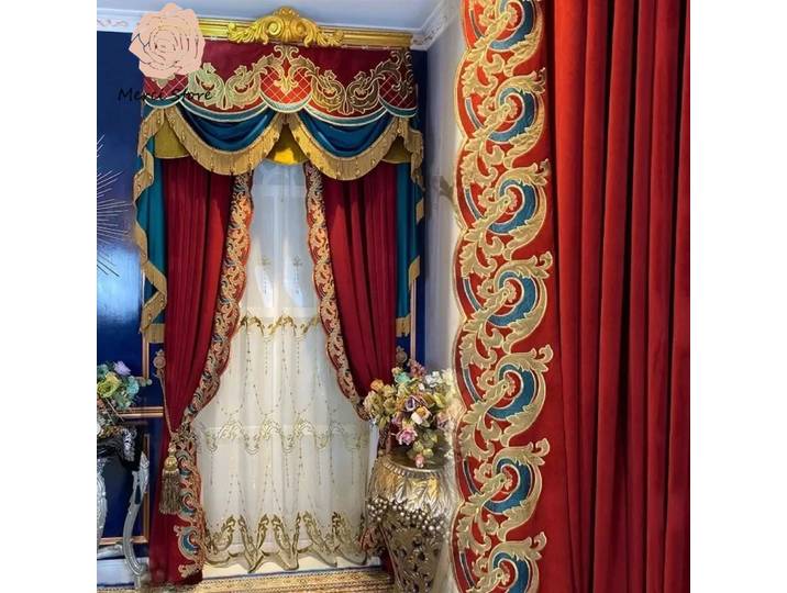 Rideaux en velours rouge de Style palais, pour salon, chambre à coucher, Villa, broderie haut de gamme, rideaux occultants épais, cantonnière de taille personnalisée
