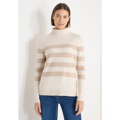 Strickpullover CECIL, Damen, Gr. L (42), beige (oat milk beige melange), Web, 37% Baumwolle, 34% Polyacryl, 26% Polyester, 3% Elasthan, gestreift, normal normal, hoch geschlossener Ausschnitt, Rippbündchen, Pullover Strickpullover, im Streifen-Design