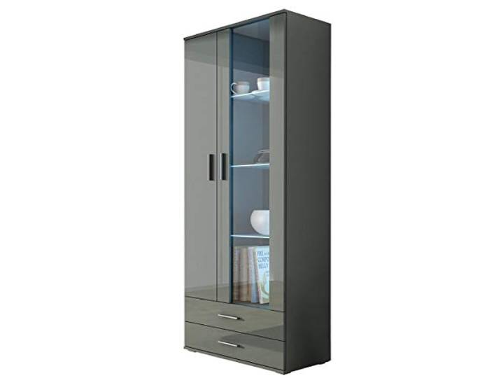 Vitrine mit Blauer LED Beleuchtung SOHO S6 Vitrinenschrank Standvitrine Stauraumvitrine Glasvitrine Schrank Wohnzimmerschrank (Grau/Grau Hochglanz)