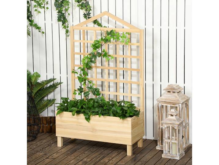 Outsunny Bac à Fleurs Bois avec Treillis et Drainage 90x43x150 cm
