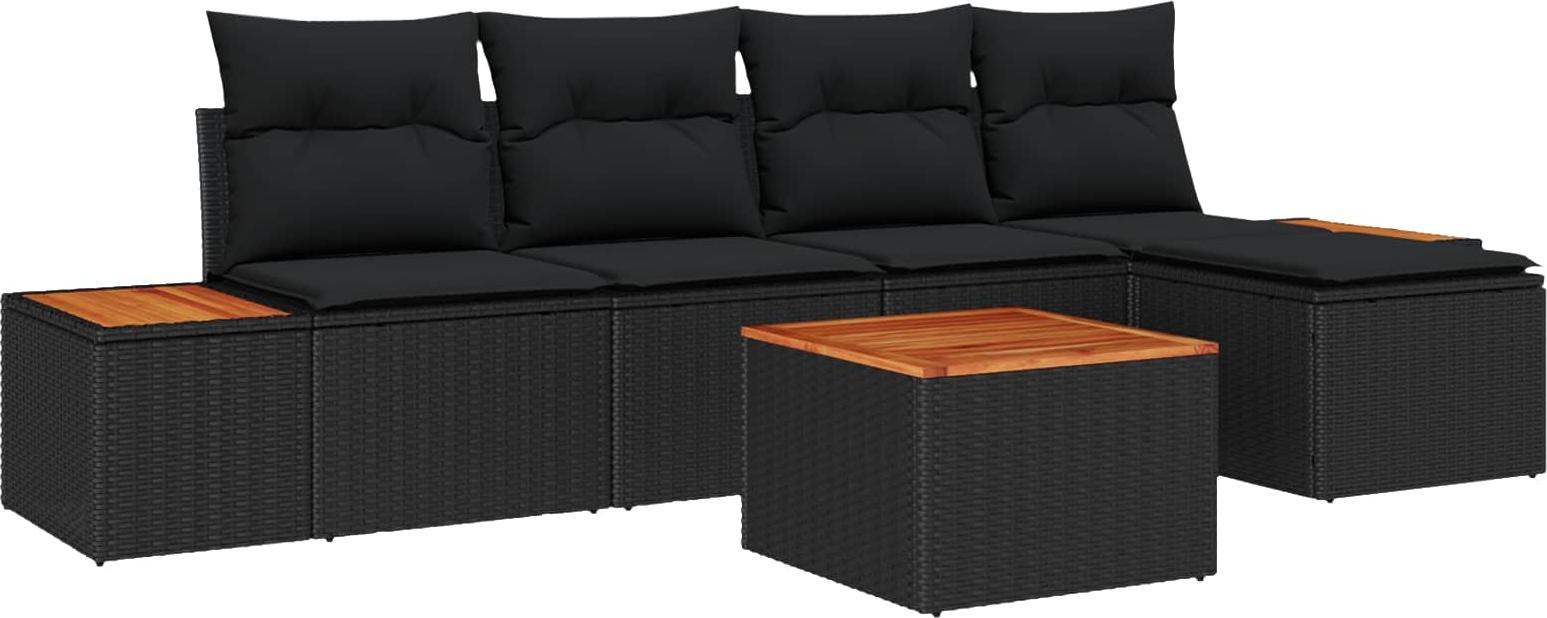 Modulares Garten-Sofaset, 5-Sitzer Outdoor Lounge-Möbel, Poly Rattan & Akazienholz, UV-beständig, Schwarz, mit Kissen & Gartentisch, 6-teilig