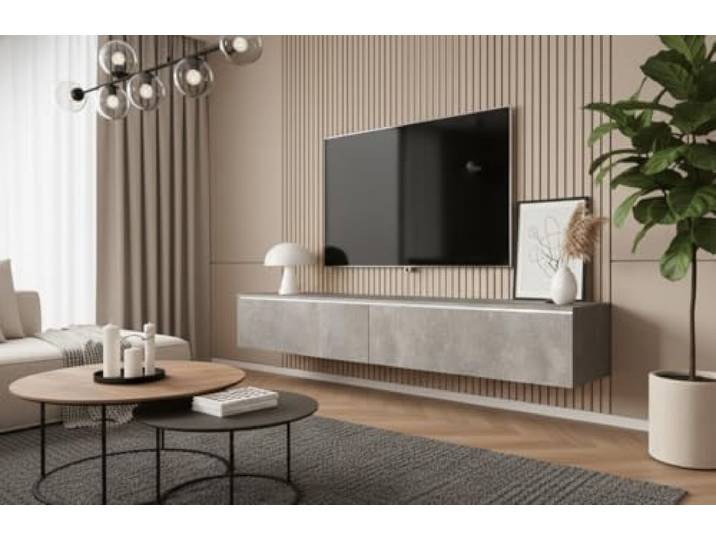 MINIO go for it - TV Schrank Donna Breite 180 cm Lowboard ohne LED Stehend oder Hängend, Fernsehschrank für das Wohnzimmer, Laminierte Spannplatte, Moderner Stil, Beton