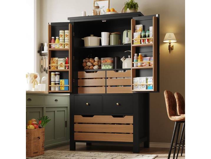 Buffet haut 80x40x140 cm meuble de rangement 2 portes 5 tiroirs armoire cuisine blanc/noir