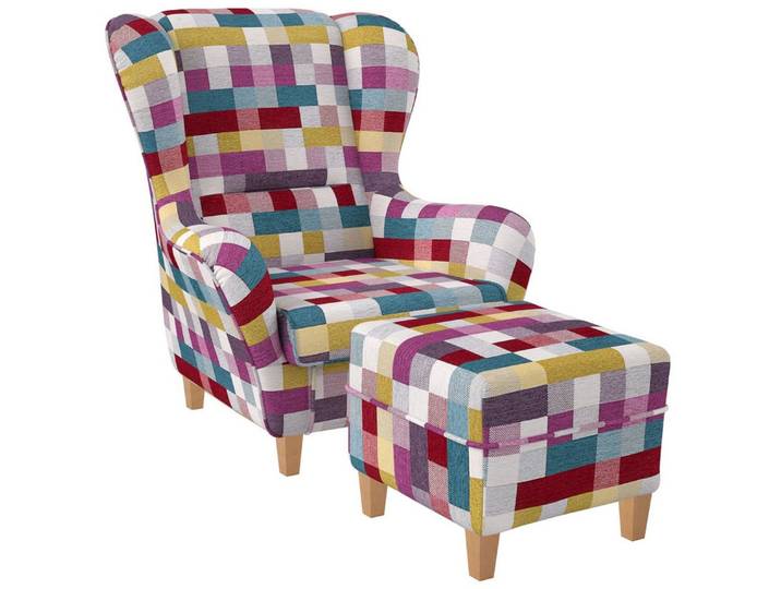 Supellex Ohrensessel Sofia Relaxsessel mit Hocker – Patchwork kariert bunt