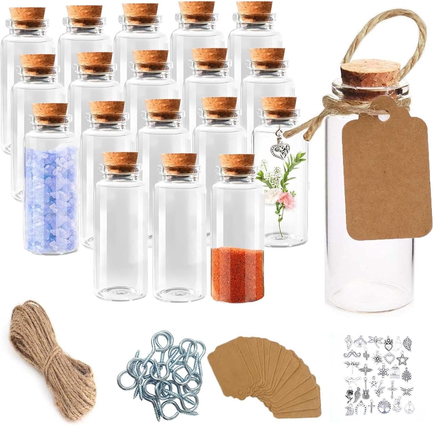 Set van 18 mini glazen flessen van 40 ml met kurk voor decoratie en cadeaus