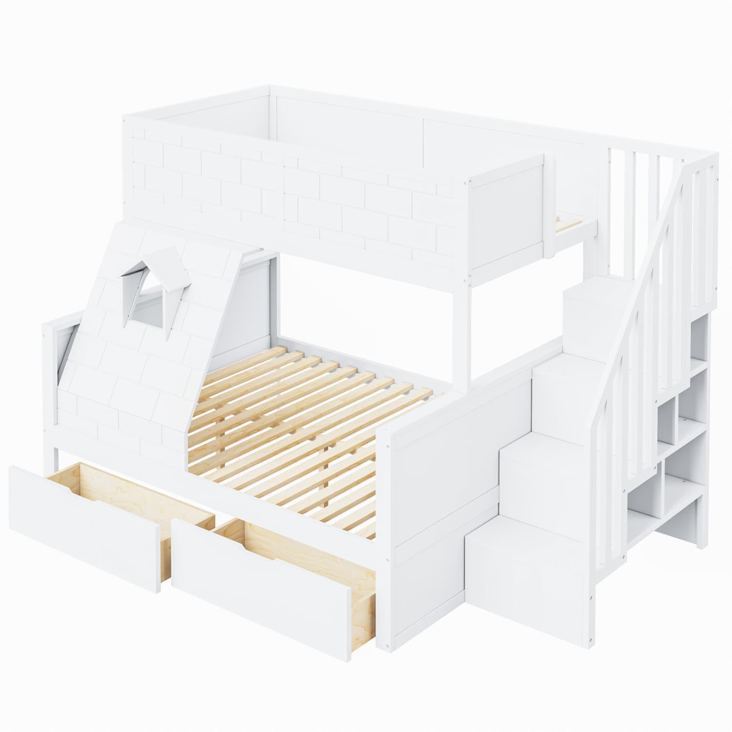 Kinderbett, Etagenbett mit Sicherheitsleiter, Schubladen und Fenster; Oberes Bett 90 x 200, Unteres Bett 140 x 200 ; Stabiler Massivholzrahmen