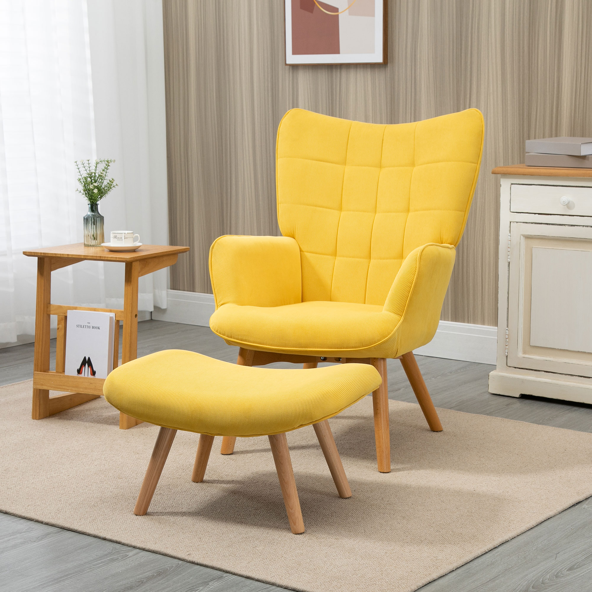Homcom Poltrona d'Arredo con Pouf, Poltrona Relax in Effetto Corda, Poltrona con Braccioli e Gambe in Legno, per Soggiorno, Giallo