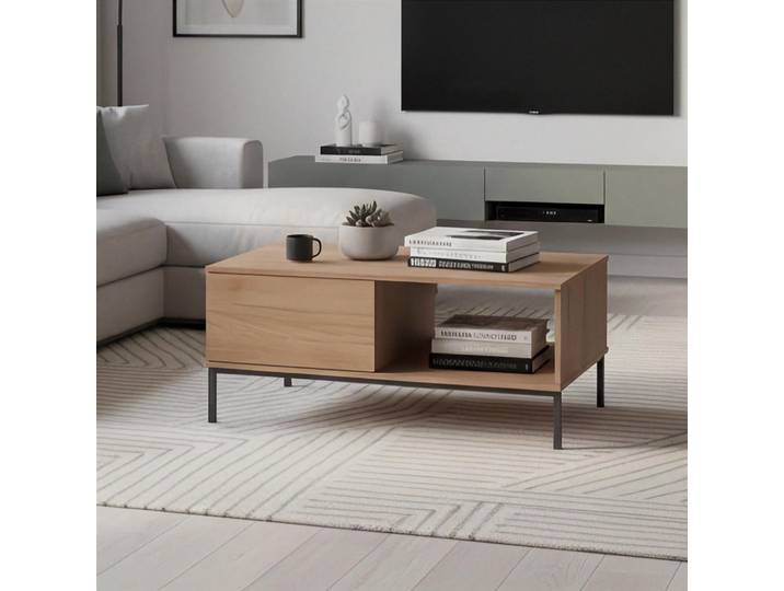 Couchtisch Dallas 100x60cm, Kaffeetisch mit Metallfuße, Rechteckiger Kaffeetisch (Farbe: Hikora)
