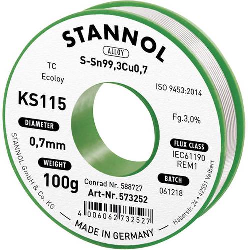 Stannol KS115 Lötzinn, bleifrei Spule Sn99,3Cu0,7 ROM1 100g 0.7mm