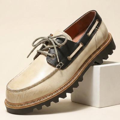 LightInthebox Men's Genuine Leather Boat Shoes, Cream and Burgundy Two-Tone Lace-Up Moc Toe Shoes with Rugged Lug Sole for Stylish Men, Yachting, Travel and Smart Casual Wear