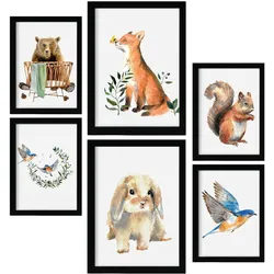 POSTER Set Mit 6 Aquarelltiere A3 & A4 Schwarzer Rahmen