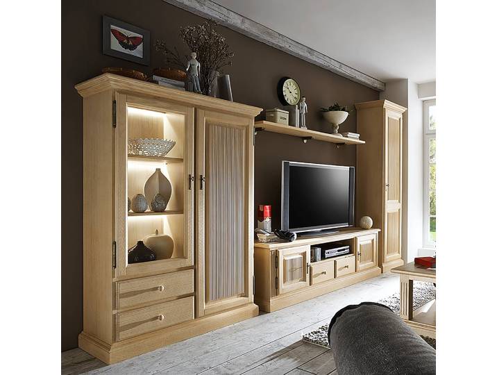 Wohnwand II 4-teilig Massivholz Pinie, gebeizt & lackiert Beige 396 x 217 x 47cm mit Beleuchtung