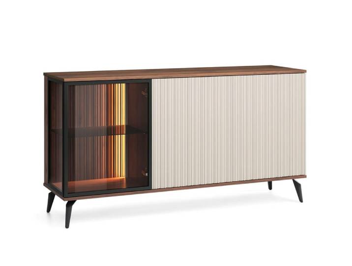 Buffet 3 portes LED intégré cachemire/noyer 154x80 cm