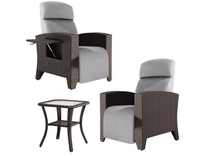 Relaxliege Liegesessel&Beistelltisch-Set, Rattansessel, Verstellbare Rückenlehne, mit Dickem Kissen, Geeignet für Innen und Außen (Schwarz +Gray Relaxliege 2-PACK)+(Schwarzer Beistelltisch 1-PACK)