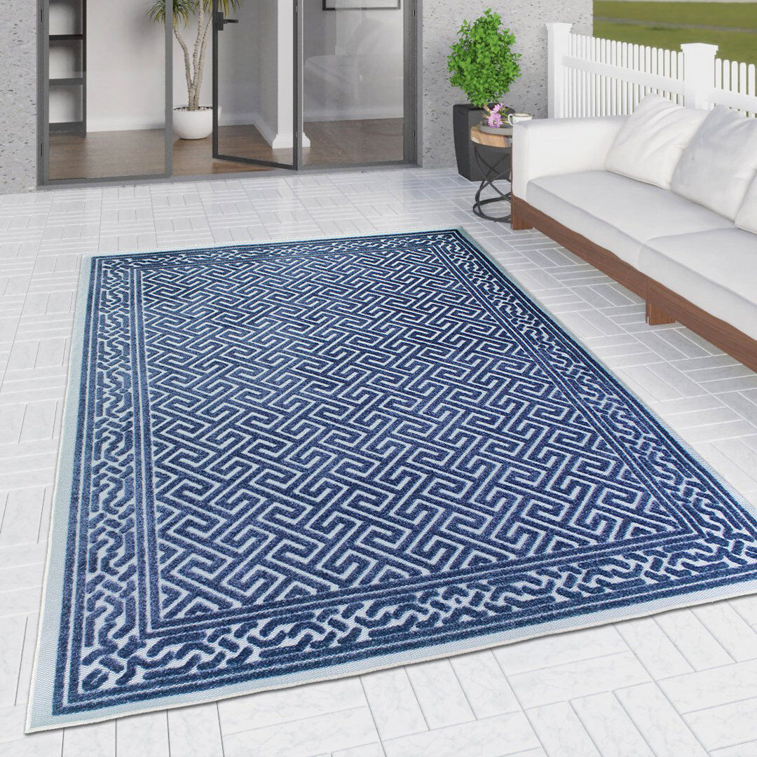 Canora Grey Breuer Geometric Hand Woven Indoor / Outdoor Area Rug Blue Rectangle 192 x 290cm
