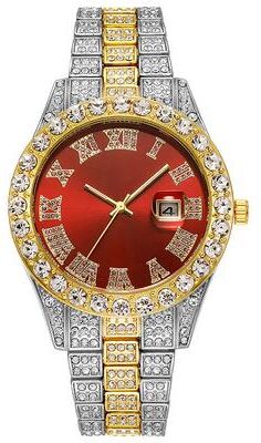 Uplifted Trends Luxury Hip Hop Stainless Steel Gold Calendar Watch For Men Iced Out Paved Rhinestones red