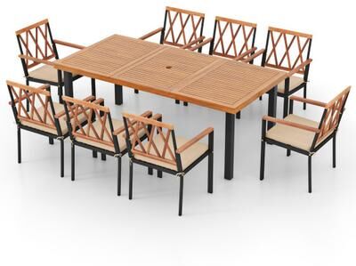 Costway 9 Pieces Patio Dining Set 39.5 Inch Acacia Wood Table with Umbrella Hole and 22.5-Inch Wide Chairs