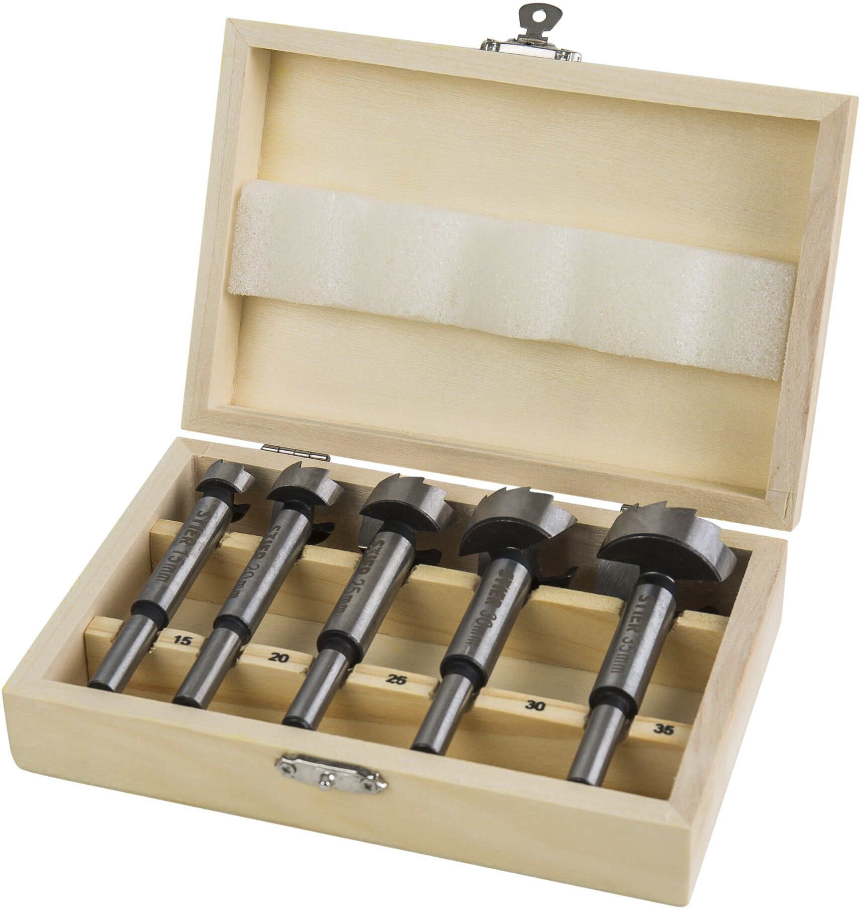 STIER Forstnerbohrer-Set in Holz-Kasette, 5-teilig (15, 20, 25, 30, 35 mm) (903681)
