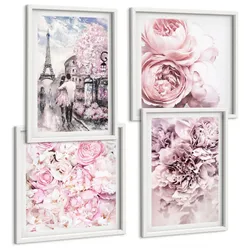 BILDER SET 4er Set - 50x50 cm & 40x60 cm Weißer Rahmen - Rosa Blumen, romantische Landschaft