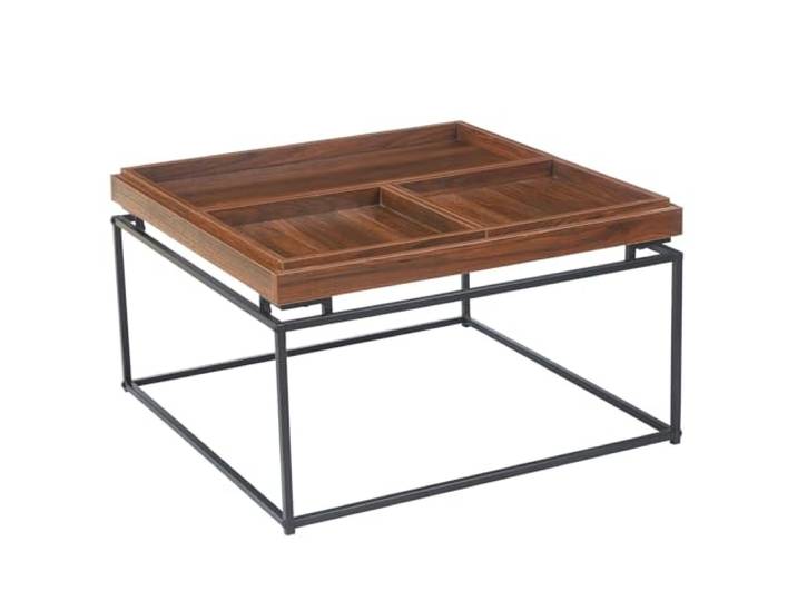 Menzzo Table Basse carrée 80x80 cm Duplix – Plateau réversible compartimenté – Bois Noisette – Piètement métal Noir – Rangement intégré
