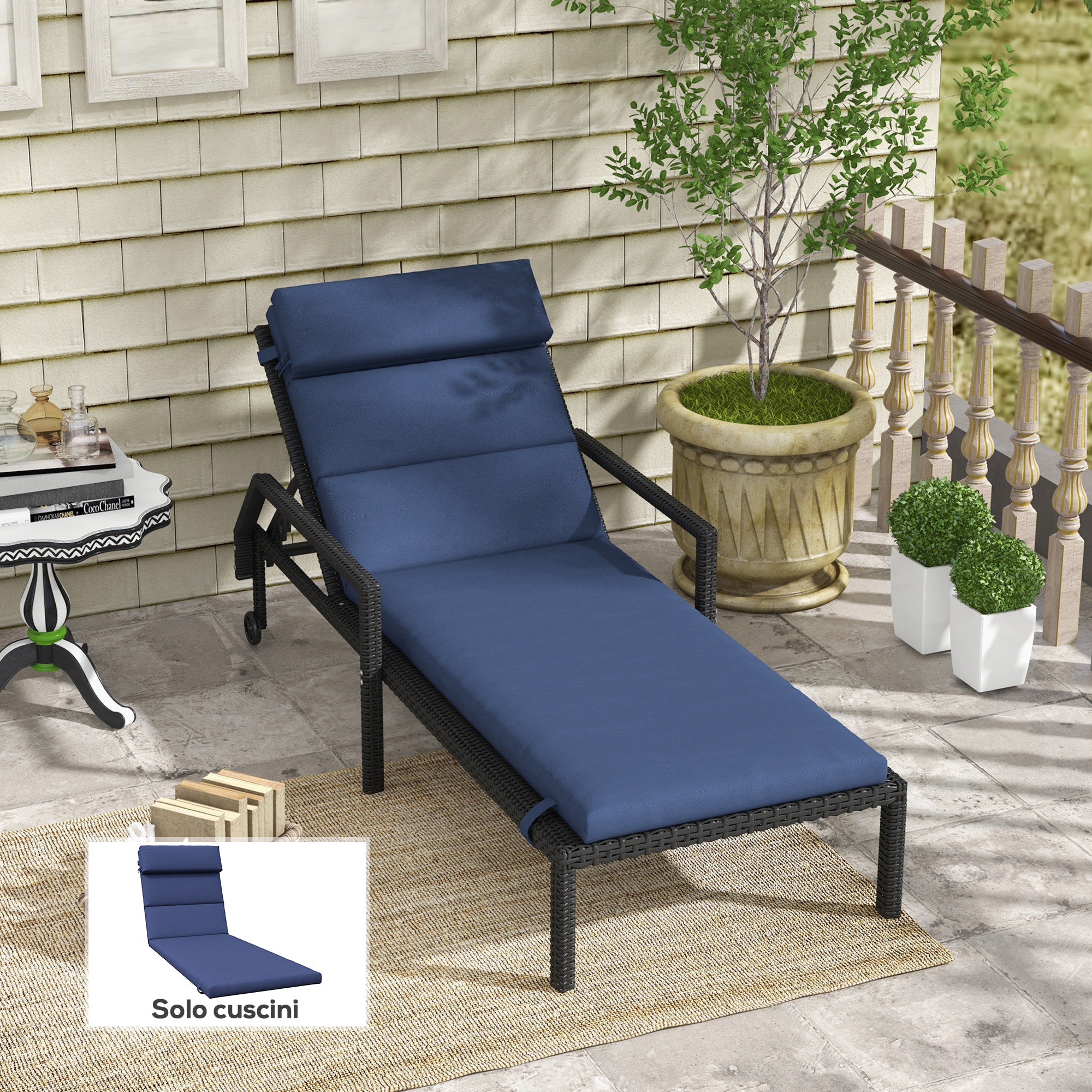 Outsunny Cuscino per Sdraio e Lettino Prendisole in Tessuto con Lacci di Fissaggio, Blu Scuro