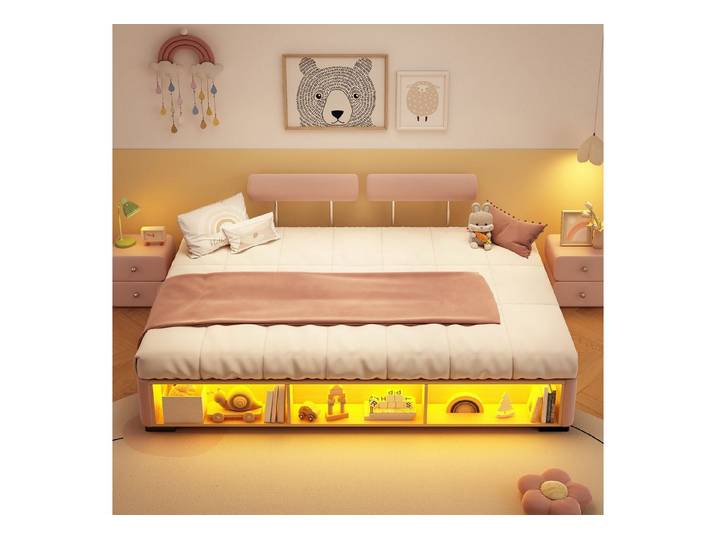 TavilaEcon Polsterbett Kinderbett, Jugendbett mit LED-Seitenregal und offenem Stauraum (1-tlg), für Kinderzimmer, 90x200cm, rosa