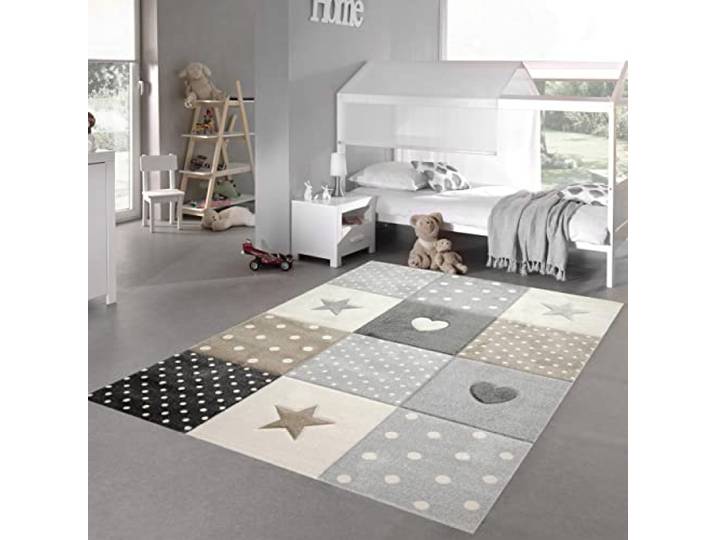 Teppich-Traum Kinderteppich Herz Sterne Punkte Braun Beige 160x230 cm Weich, pflegeleicht, langlebig, allergikerfreundlich, seitlich gekettelt und OEKO-TEX geprüft, für Kinderzimmer