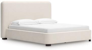 Benjara Riny King Size Bed with Ivory Next Gen Nuvella Upholstery, Block Legs
