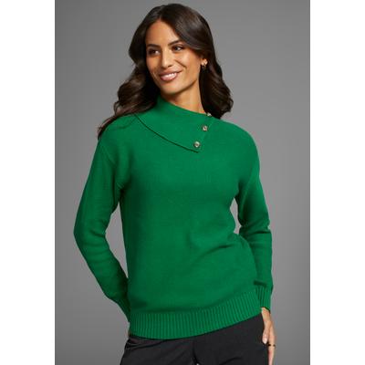 Strickpullover DELMAO, Damen, Gr. 36/38, grün, Strick, Obermaterial: 50% Baumwolle, 50% Polyacryl, clean, unifarben, figurumspielend hüftlang, Rippbündchen, Pullover Strickpullover, mit feinem Strickmuster und Zierknöpfen