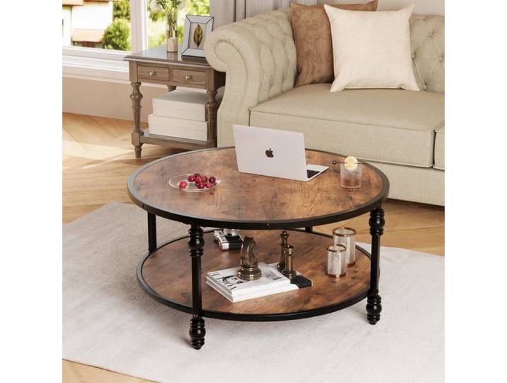 Table basse ronde - LUNSY - 72x72x48 cm - Marron rustique - Double niveau - Structure métallique - Pieds réglables