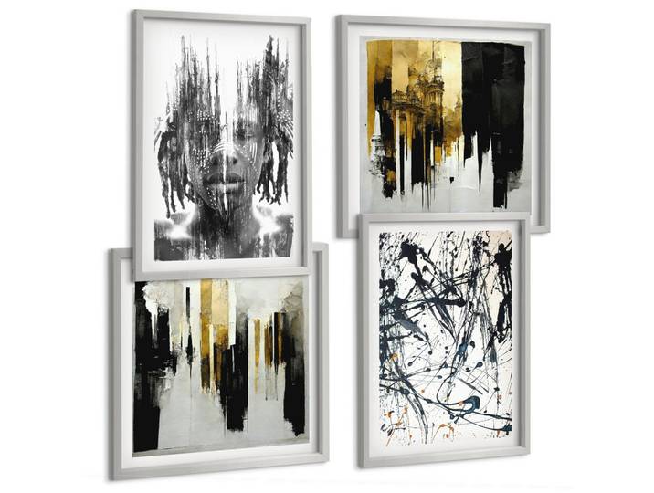 BILDER SET 4er Set - 50x50 cm & 40x60 cm Silberner Rahmen - Kontrastierende abstrakte Porträts