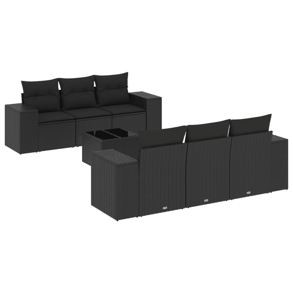 Garten Sofagarnitur, 7-teilig, modular, aus Poly Rattan, pulverbeschichtetem Stahl und Hartglas, mit UV-beständigen Kissen, Schwarz