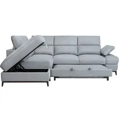 Sabaideco, Sofa + Bettsofa, Ecksofa zum Ausziehen – 5-Sitzer – NINA – Grauer Stoff – Staufach – 255 x 208 x 73 cm (Ecksofa)