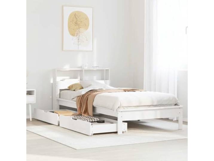 RJPLMFV Bücherbett, Kiefernholz, massiv, Weiß, 100 x 200 cm Lattenrost inklusive, Schublade mit Rollen, integrierte Aufbewahrung, ideal für kleines Schlafzimmer