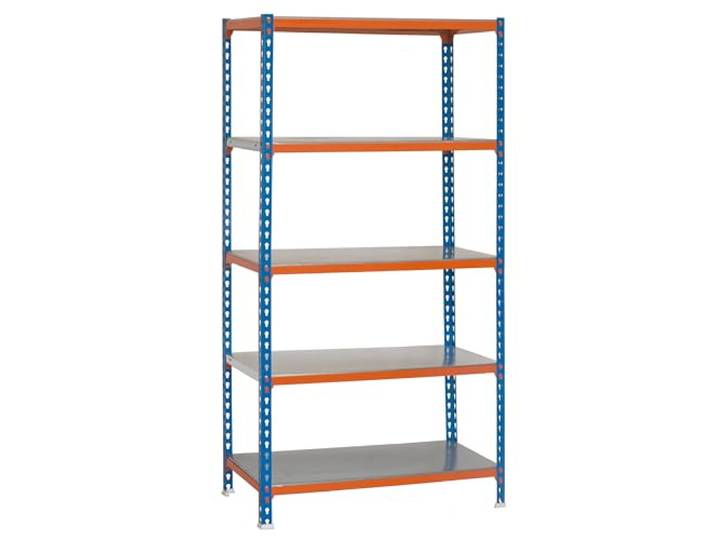 Simon Rack Metallregal 1800x900x300 mm - Simonclick 5 Höhen, Metallablage, Biegepunkt 180 kg, Korrosionsschutzlackierung, Klicksystem-Montage, Blau/Orange/Verzinkt