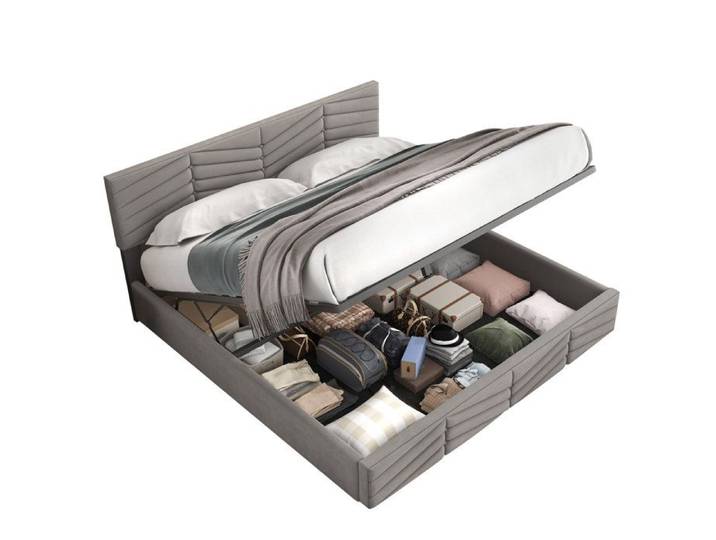 Polsterbett Doppelbett 180x200 cm gris en velours avec tête de lit ajustable et design rayé hydraulique