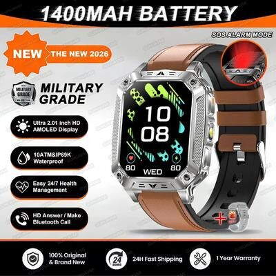 Inspire Select 2026 TANK Military GPS Smart Watch 2.01in AMOLED Waterproof Fitness Tracker With 1400mAh Battery brown Leather 1400mah Big Battery