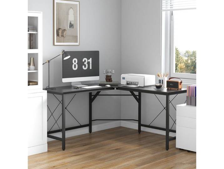 Bureau d'Angle Forme L 150×150×76 cm Grande Surface de Travail Pieds Réglables - BEAUNIV - Acier et MDF Mélaminé Noir