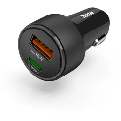 HAMA Auto-Schnellladegerät, 1x USB-C, 1x USB-A, PD, 30 W, sw