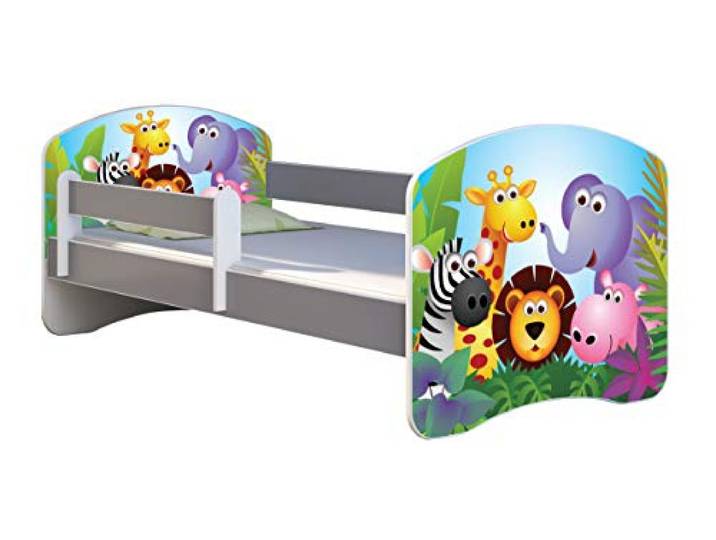 ACMA Kinderbett Jugendbett mit Matratze Grau mit Rausfallschutz Lattenrost II Spielbett Kinderzimmer Möbel (01 Zoo, 140x70)