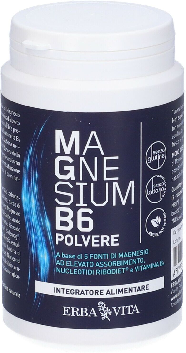 Magnesium B6 Polvere, Erba Vita, Integratore al Magnesio con Vitamina B6, 200g