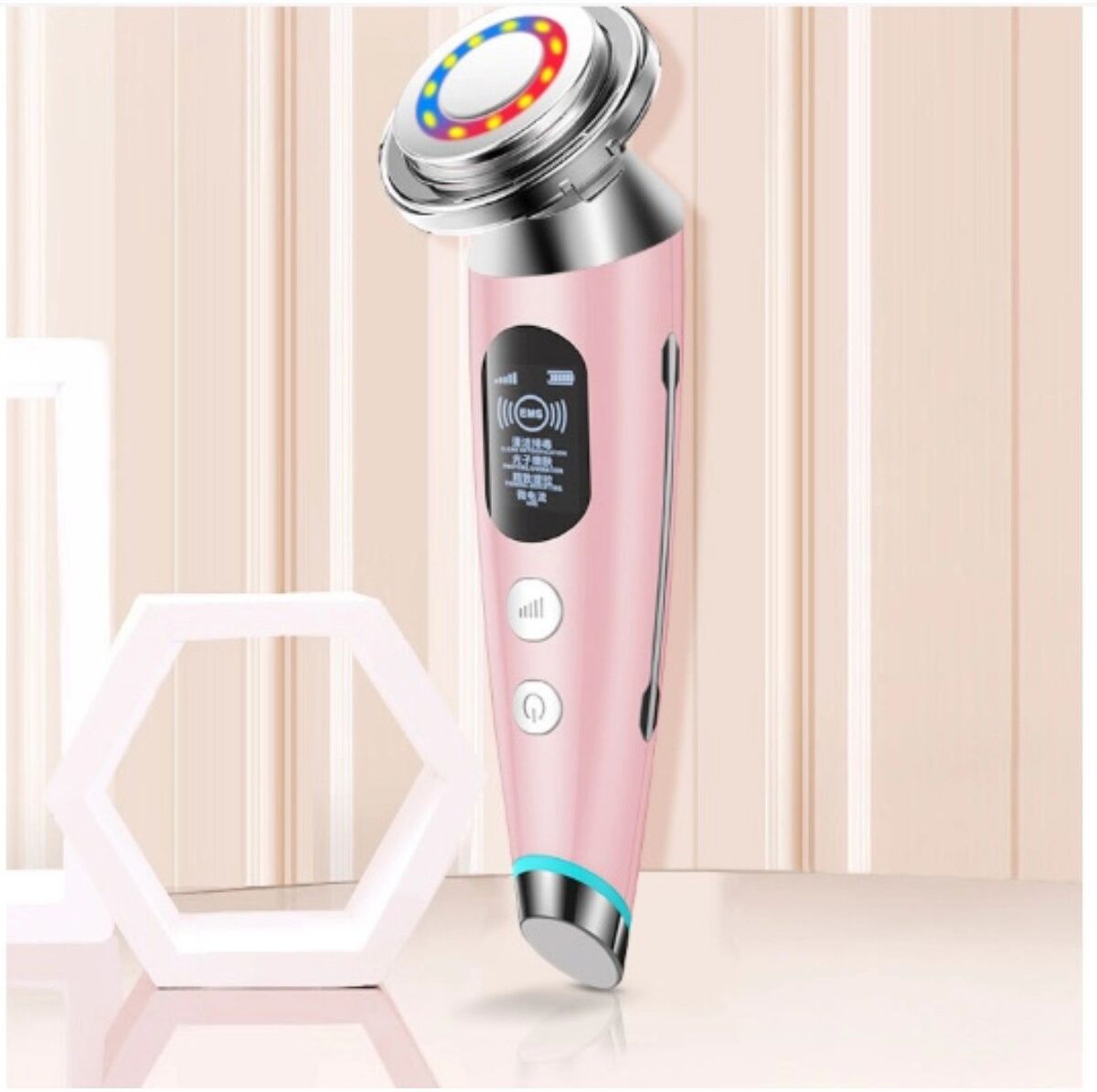 INF Multifunktionales Gesichtspflegegerät mit EMS, Rot- und Blaulicht, warmer Kompresse und Vibrationsmassage Rosa